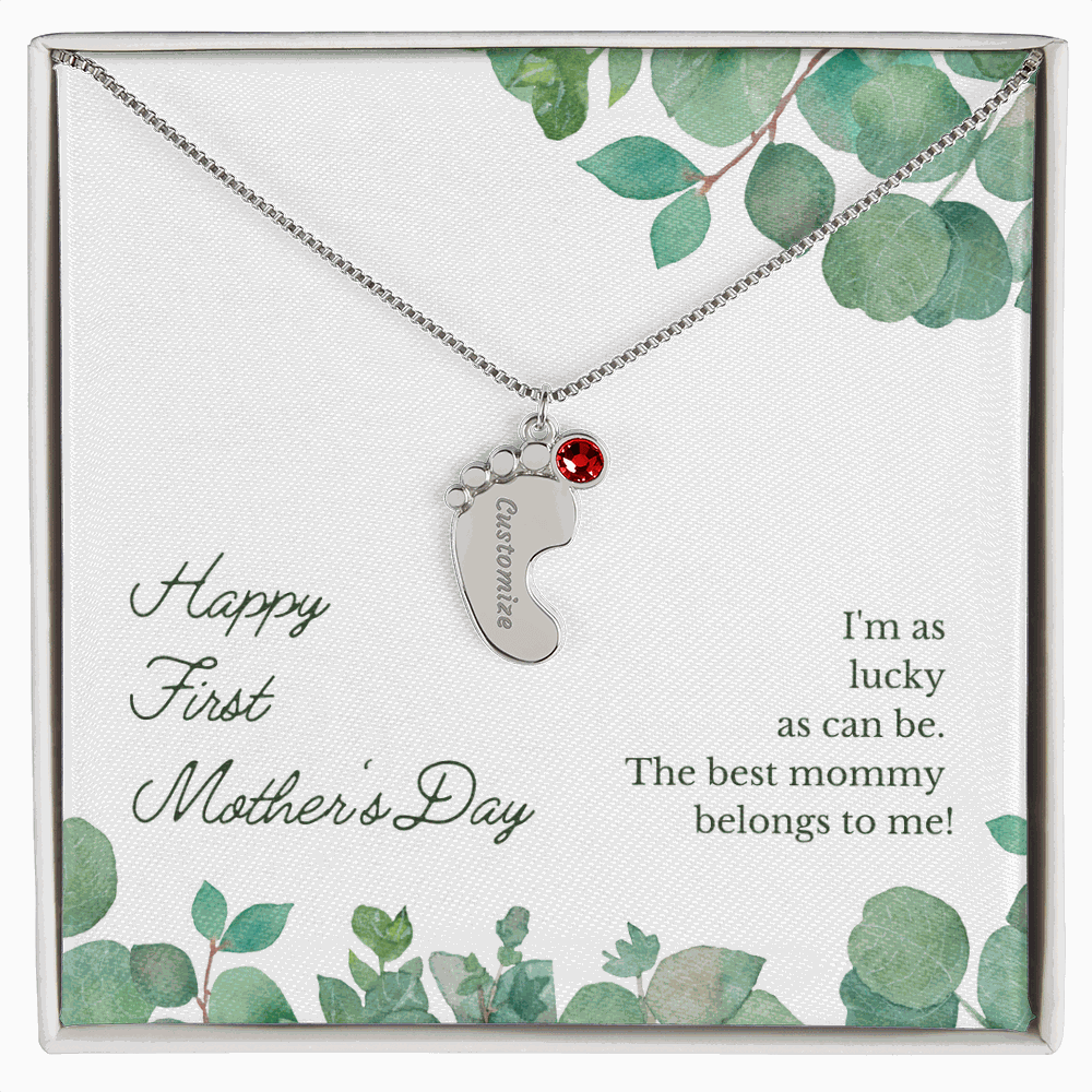 1st Mothers Day Engraved Baby Feet Bithstone Necklace  Mother's Day Jewelry Deeply Engraved