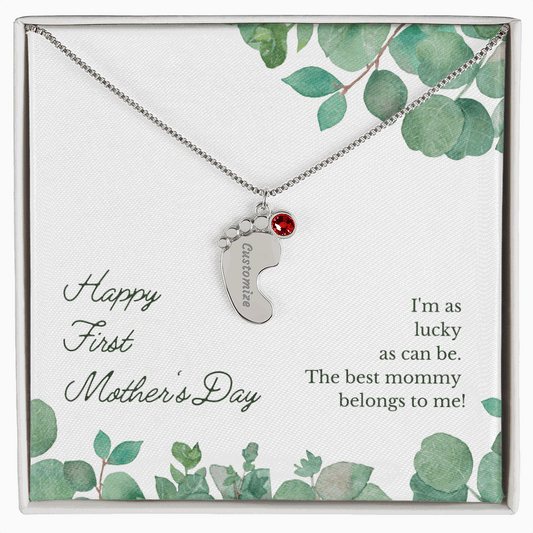 1st Mothers Day Engraved Baby Feet Bithstone Necklace  Mother's Day Jewelry Deeply Engraved