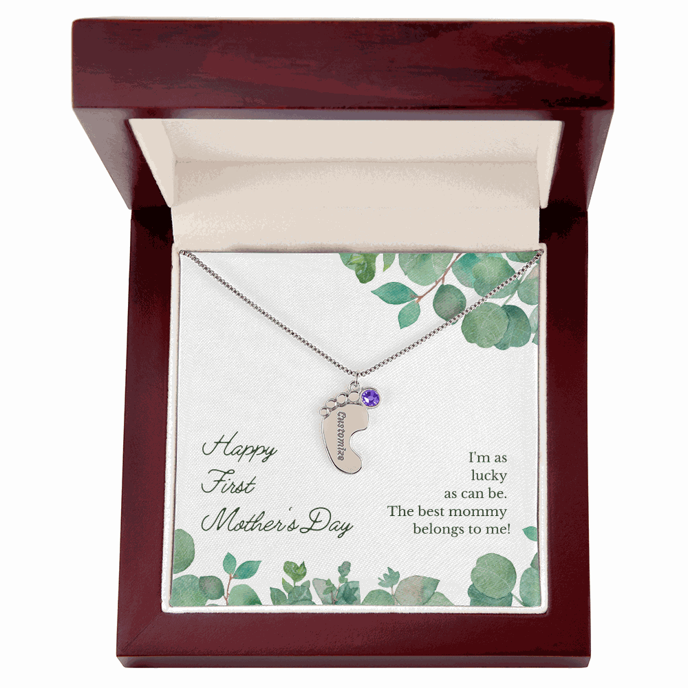 1st Mothers Day Engraved Baby Feet Bithstone Necklace  Mother's Day Jewelry Deeply Engraved