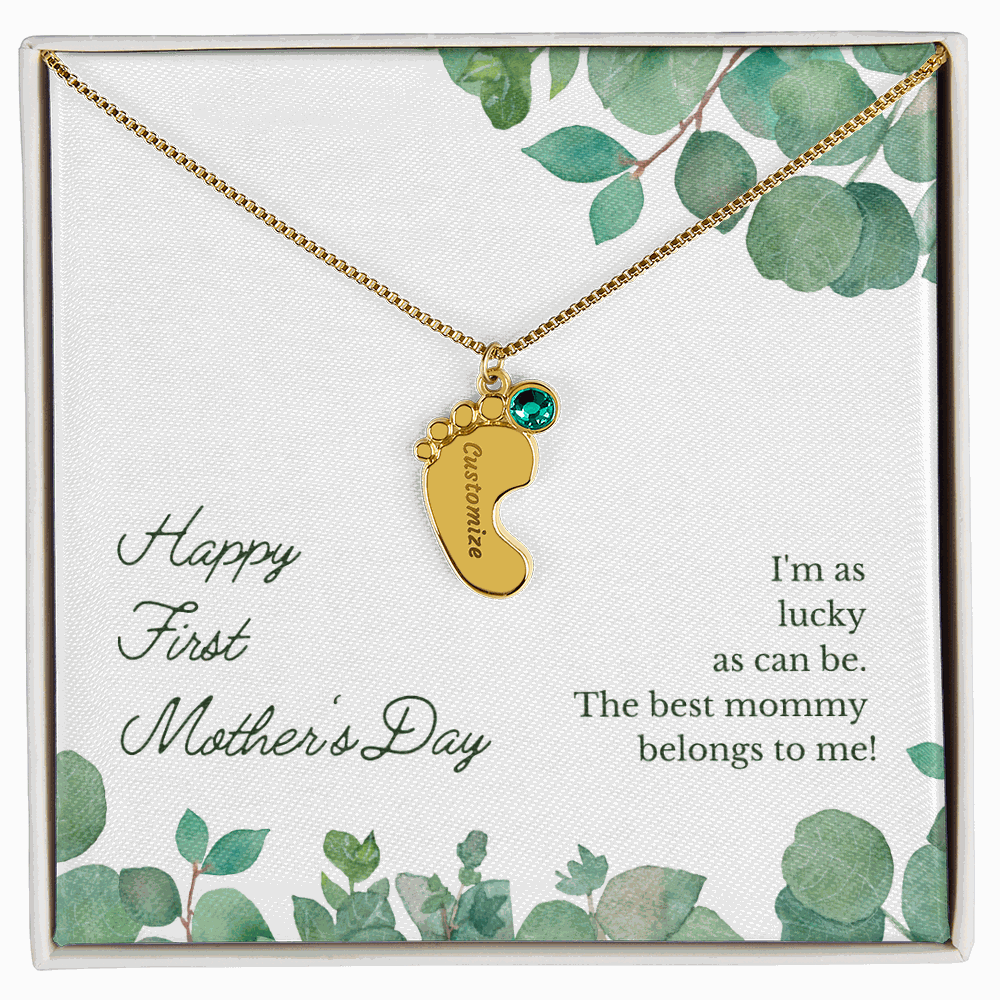 1st Mothers Day Engraved Baby Feet Bithstone Necklace  Mother's Day Jewelry Deeply Engraved