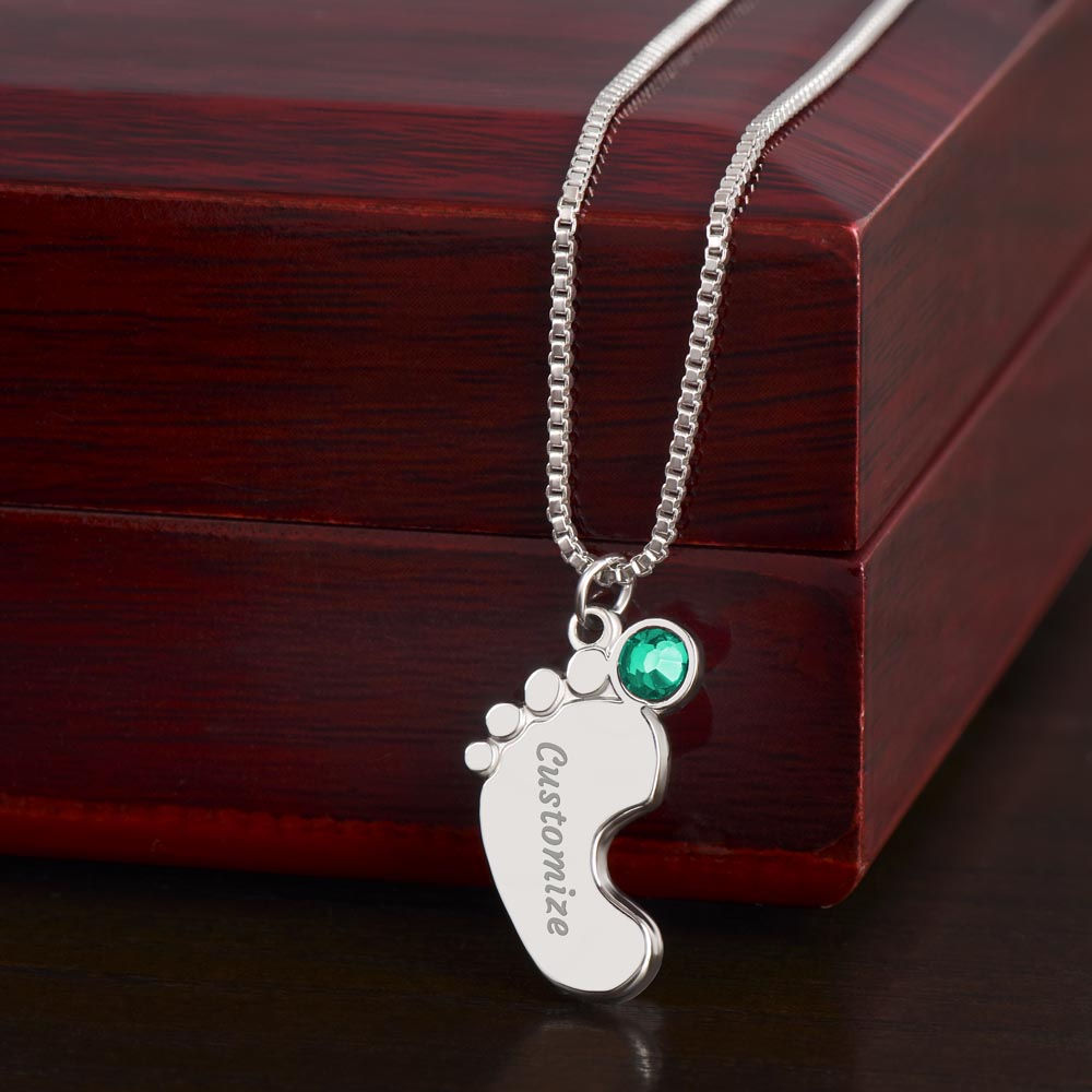 1st Mothers Day Engraved Baby Feet Bithstone Necklace  Mother's Day Jewelry Deeply Engraved