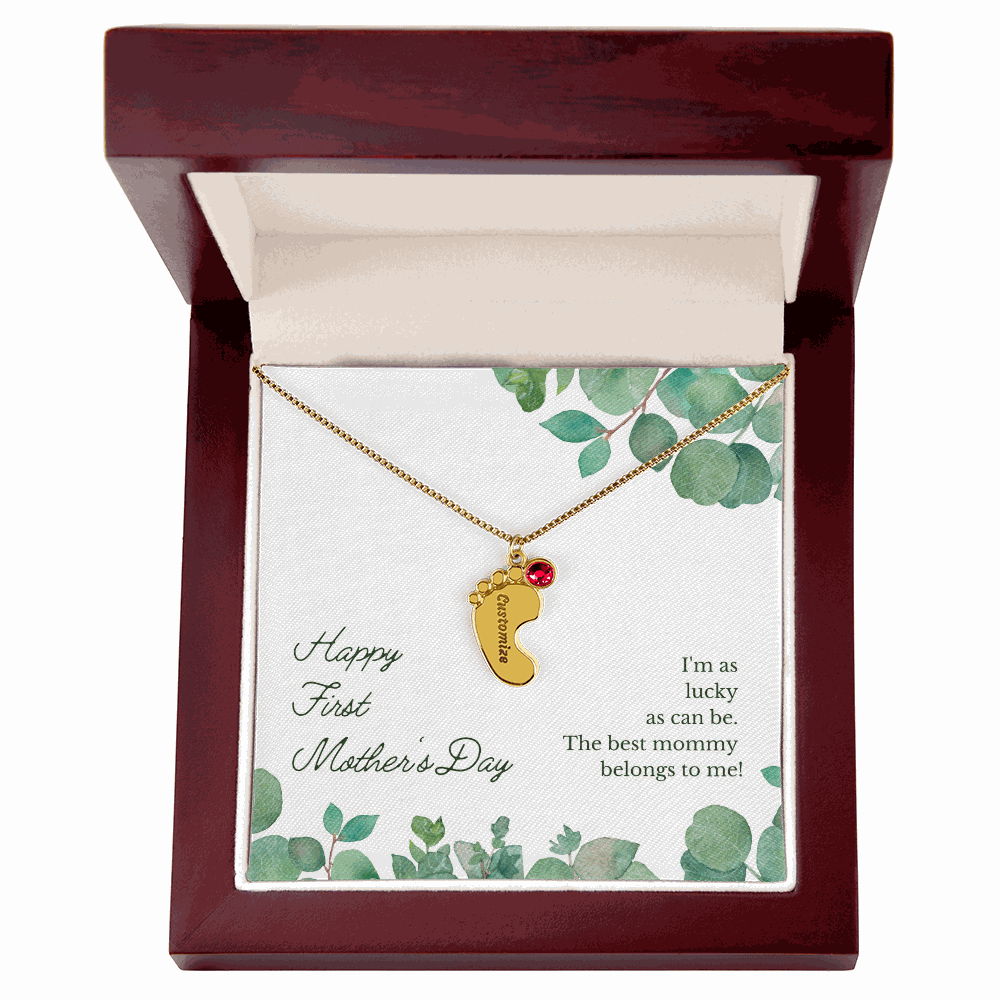 1st Mothers Day Engraved Baby Feet Bithstone Necklace  Mother's Day Jewelry Deeply Engraved