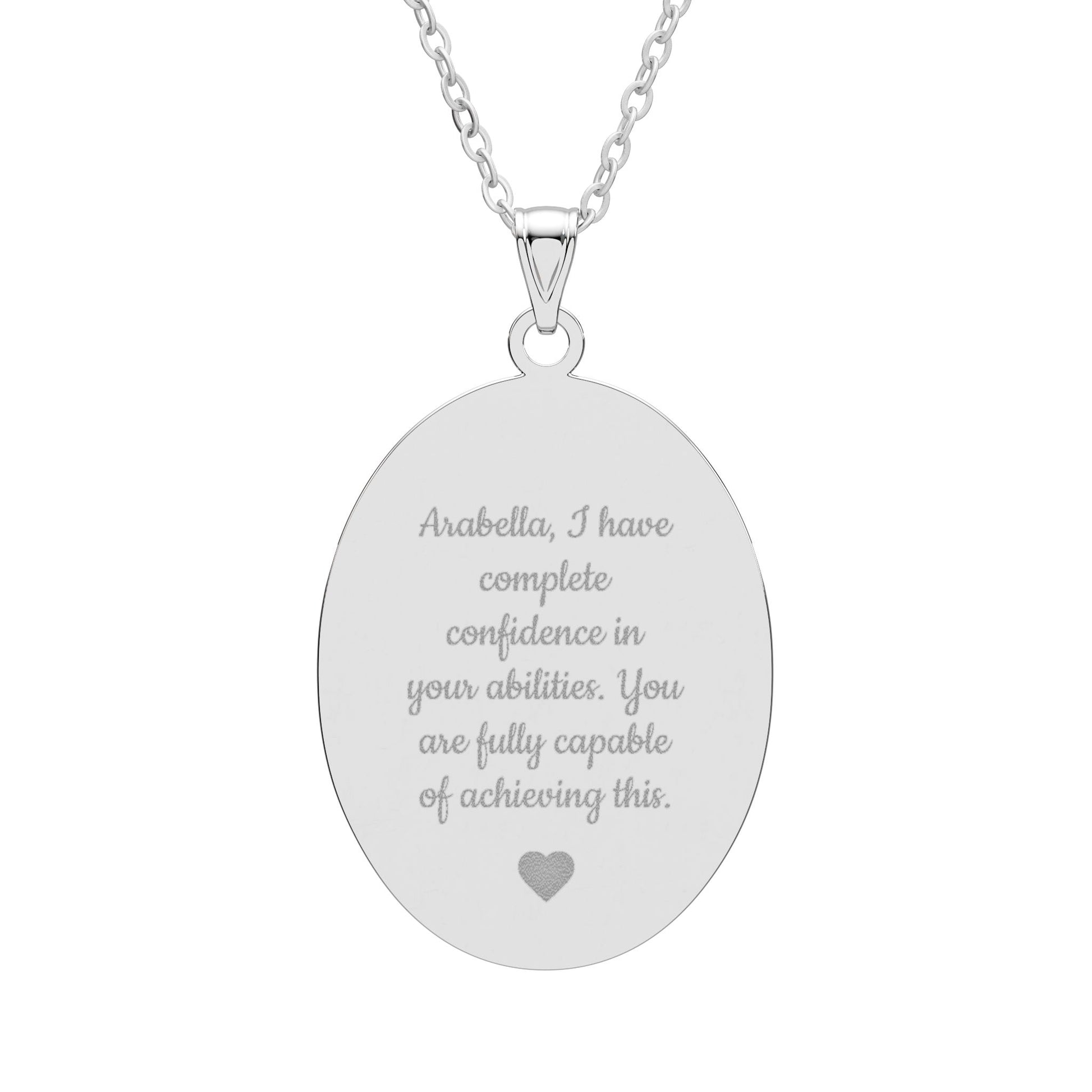 Silver necklace with an engraved pendant on a white background