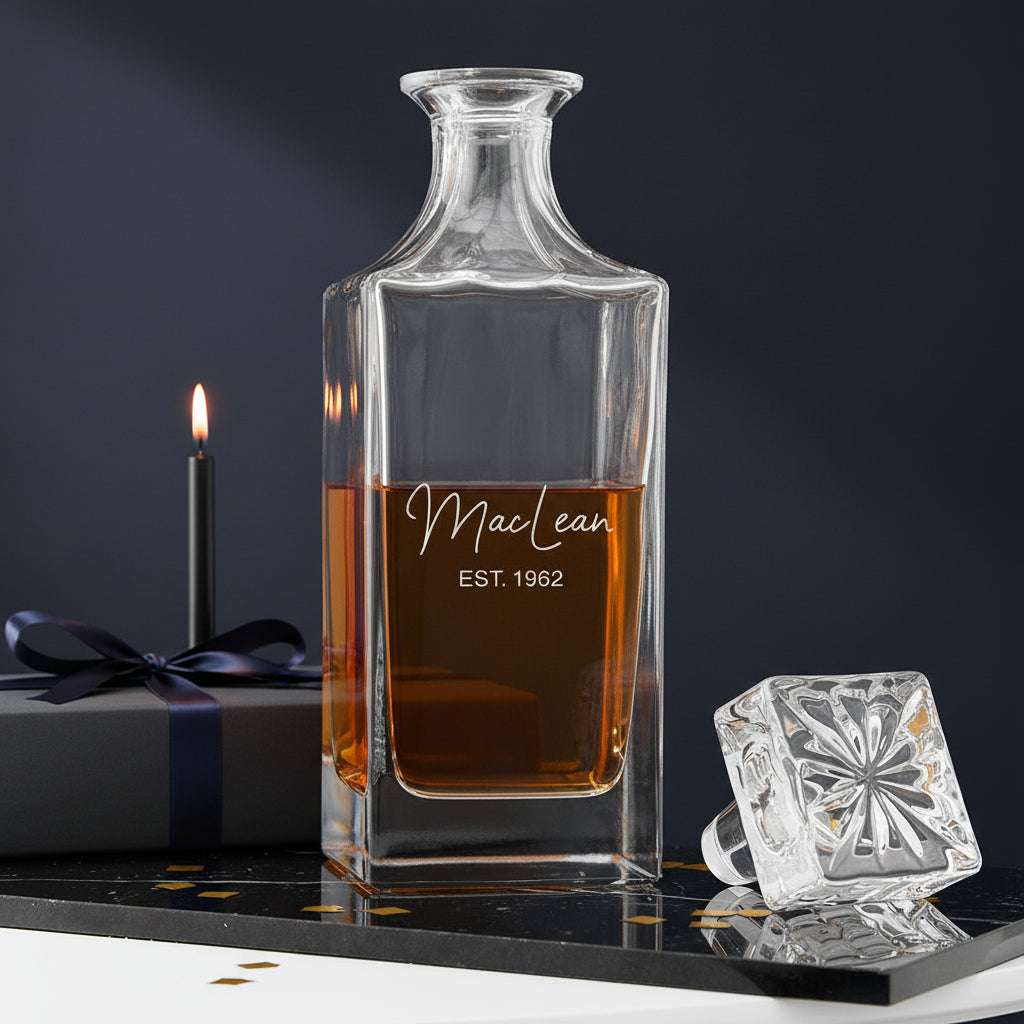 Clear glass decanter with brand name and establishment year, filled with amber liquid, on a decorative surface.