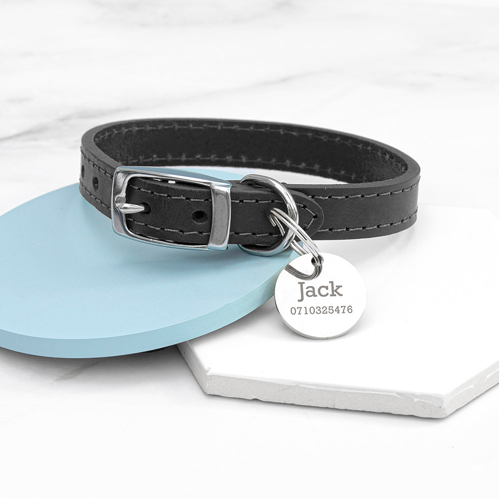 Black Leather Dog Collar with Custom Engraved Tag