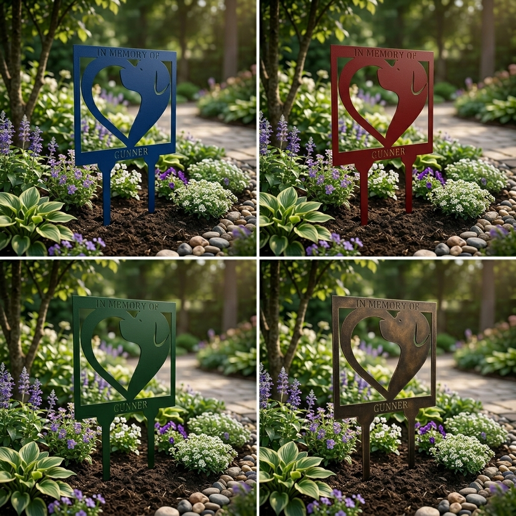 Four metal garden markers in blue, red, green, and bronze with heart designs in a garden setting.