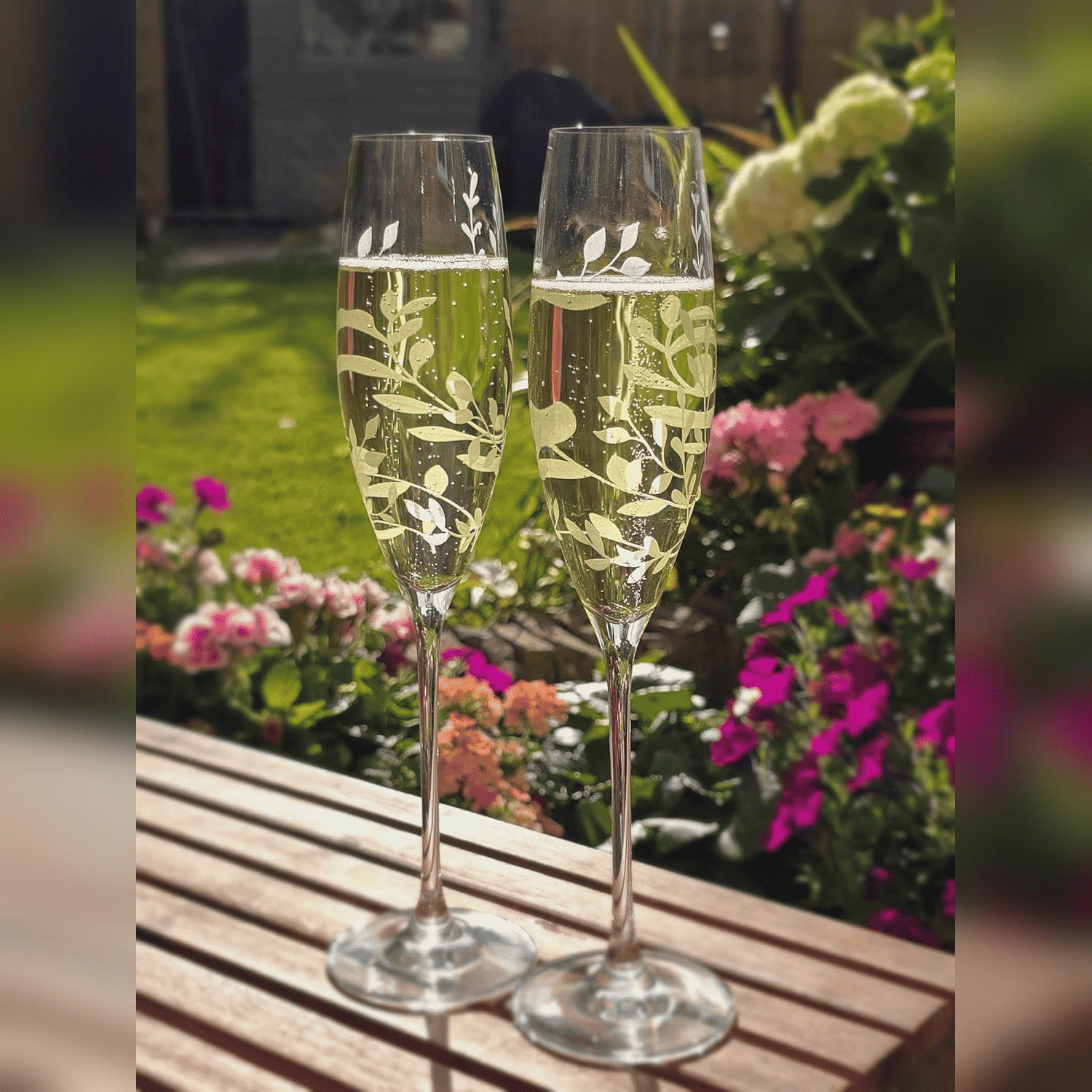 Two etched champagne flutes -Personalized Floral Crystal Champagne Flutes (Set of 2)