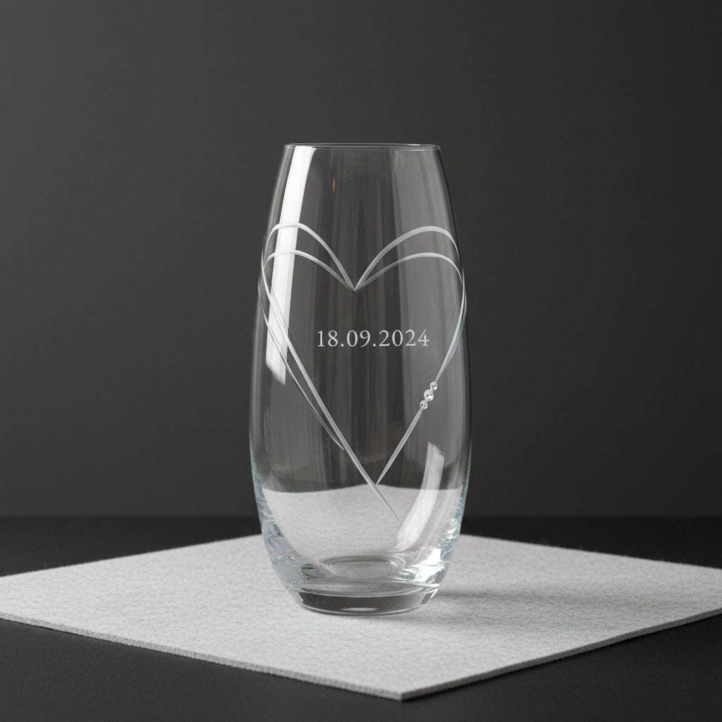Custom-glass vase with swarovski-crystal-hearts-and engraved date