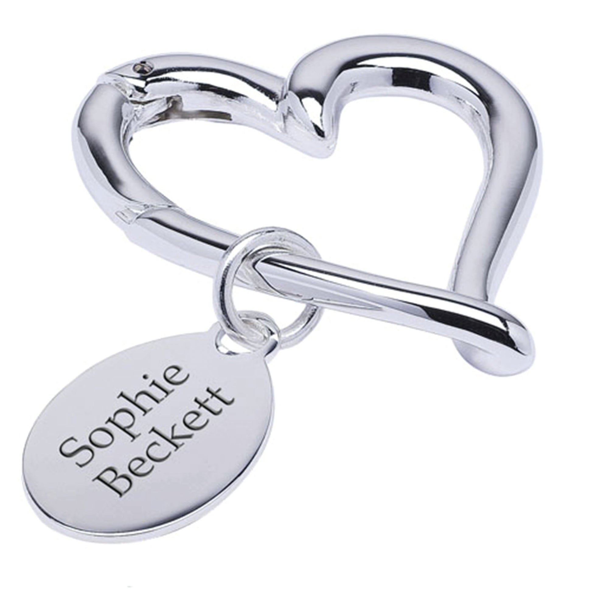 personalized heart-shaped carabiner-keychain with a engraved tag