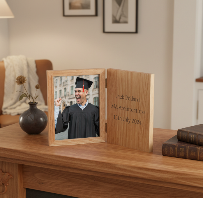 Wooden photo frame with a graduation photo on a wooden surface
