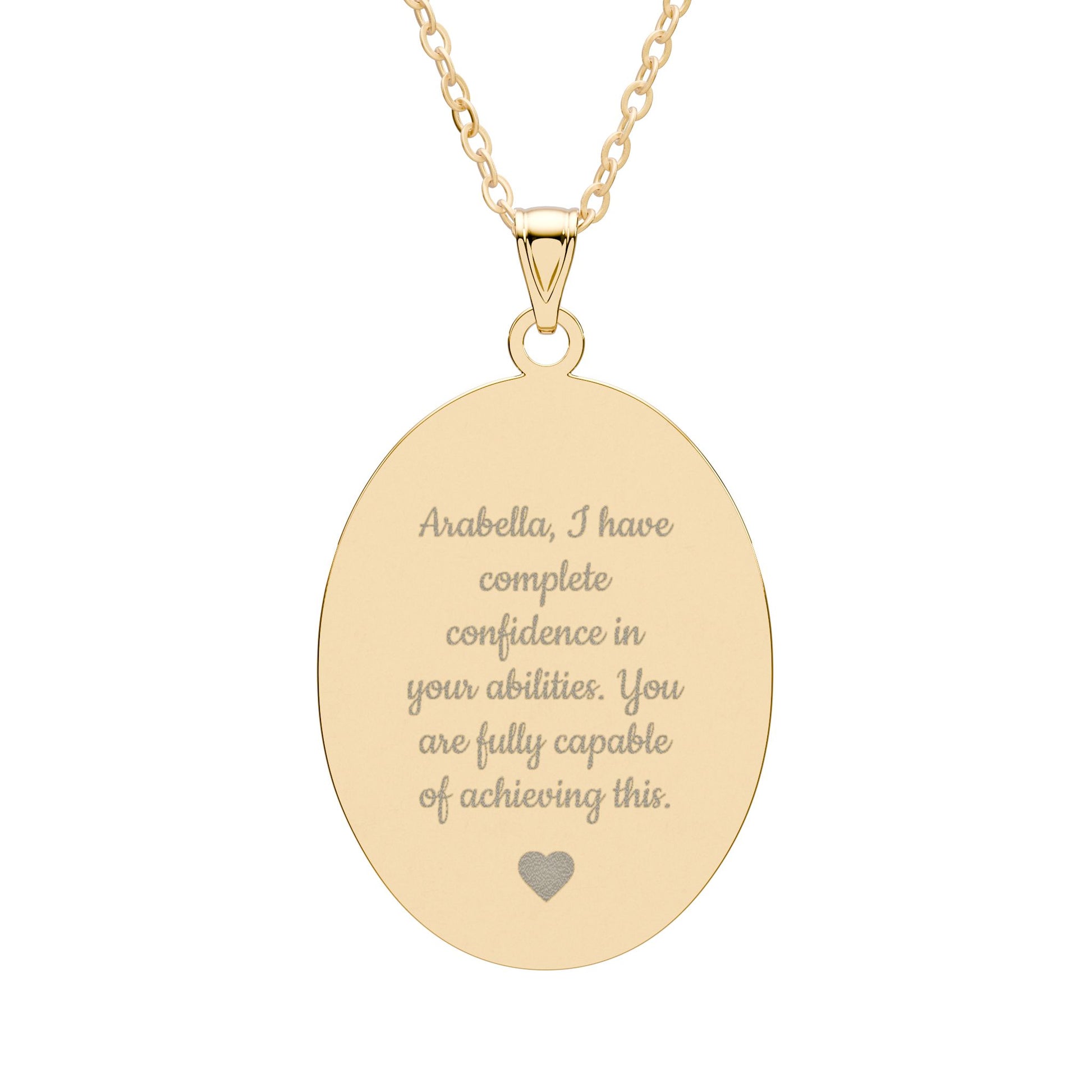 Gold necklace with an engraved pendant on a white background