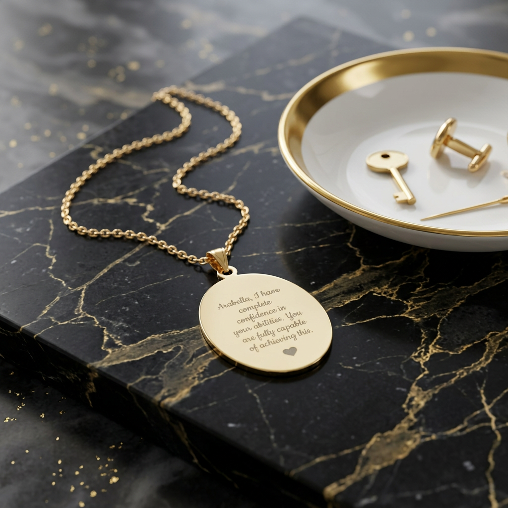 Gold necklace with a engraved pendant on a black marble surface.