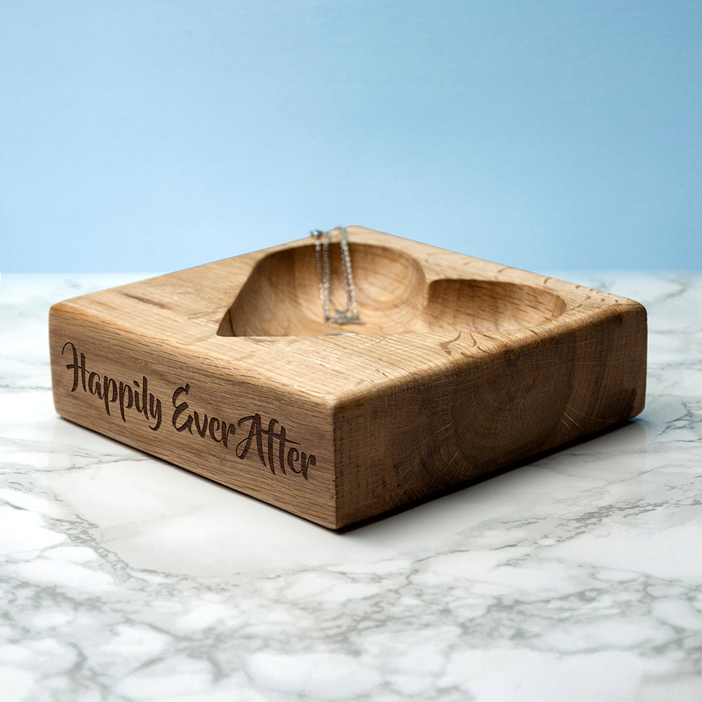 Custom Engraved Solid Oak Heart Jewelry & Ring Dish