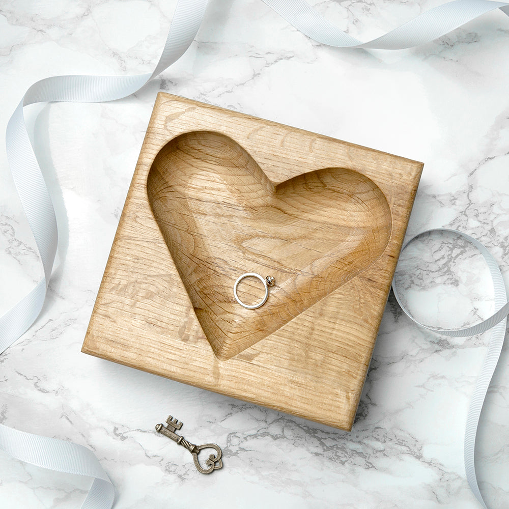 Custom Engraved Solid Oak Heart Jewelry & Ring Dish