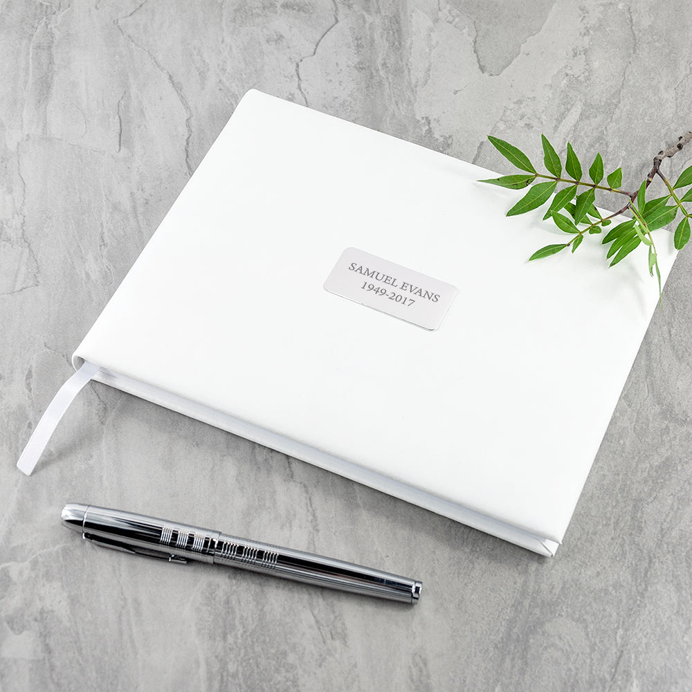 Personalized White Leather Memorial Guest Book