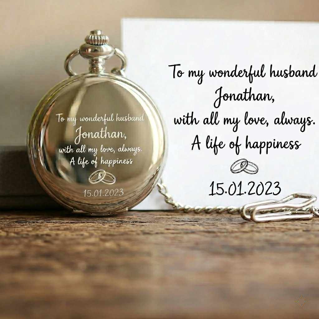 Silver pocket watch with engraved message on a wooden surface