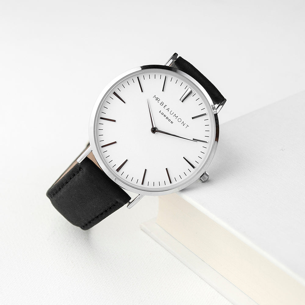 Mr. Beaumont Men's Handwriting Engraved Watch in Black Leather