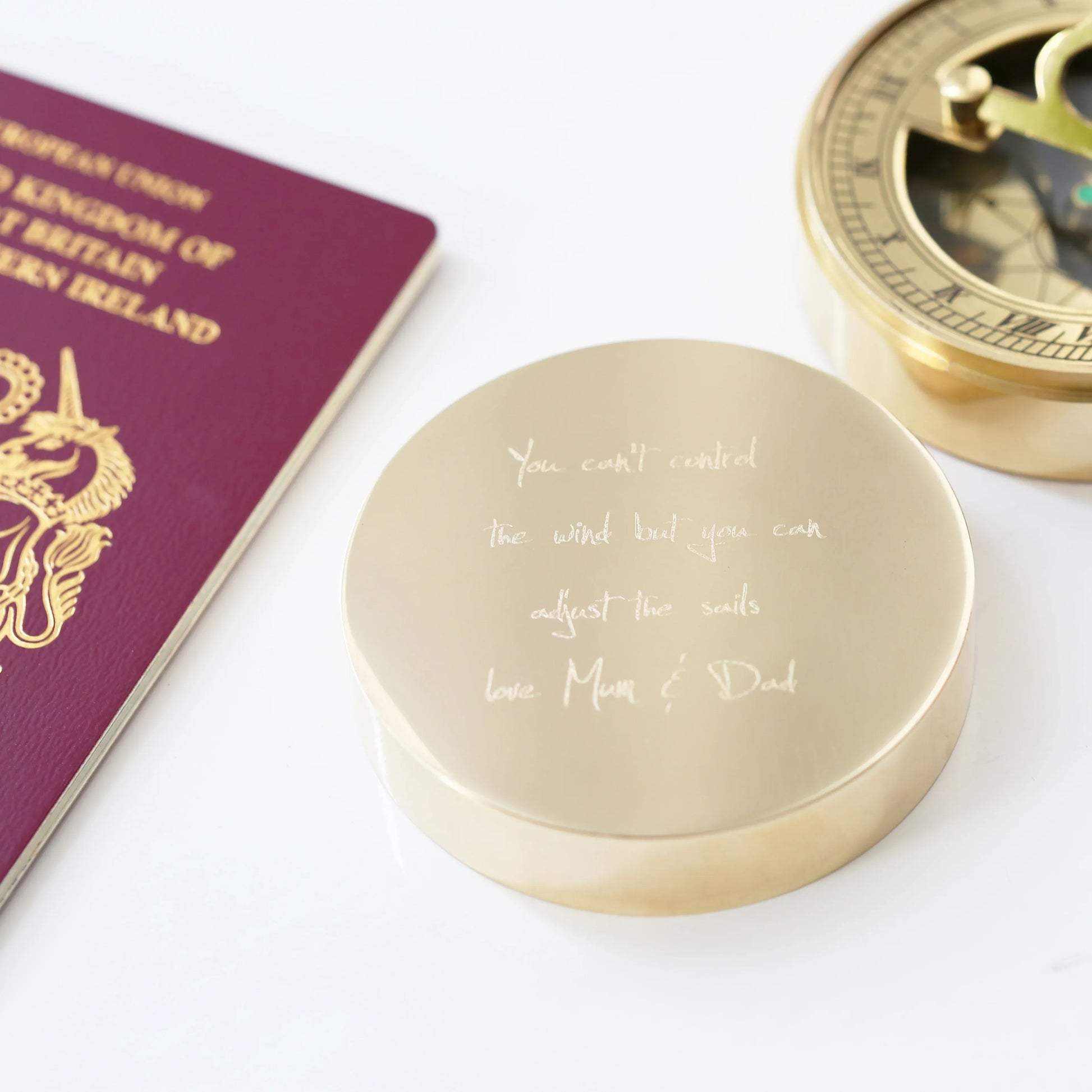 Engraved Handwriting Sundial Compass