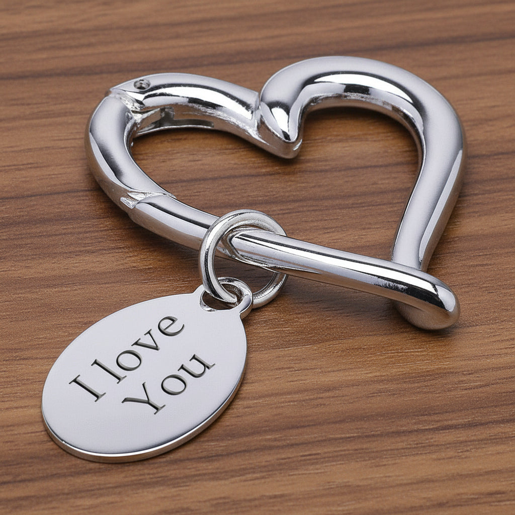Silver heart-shaped carabiner-keychain with 'I Love You' tag on a white background