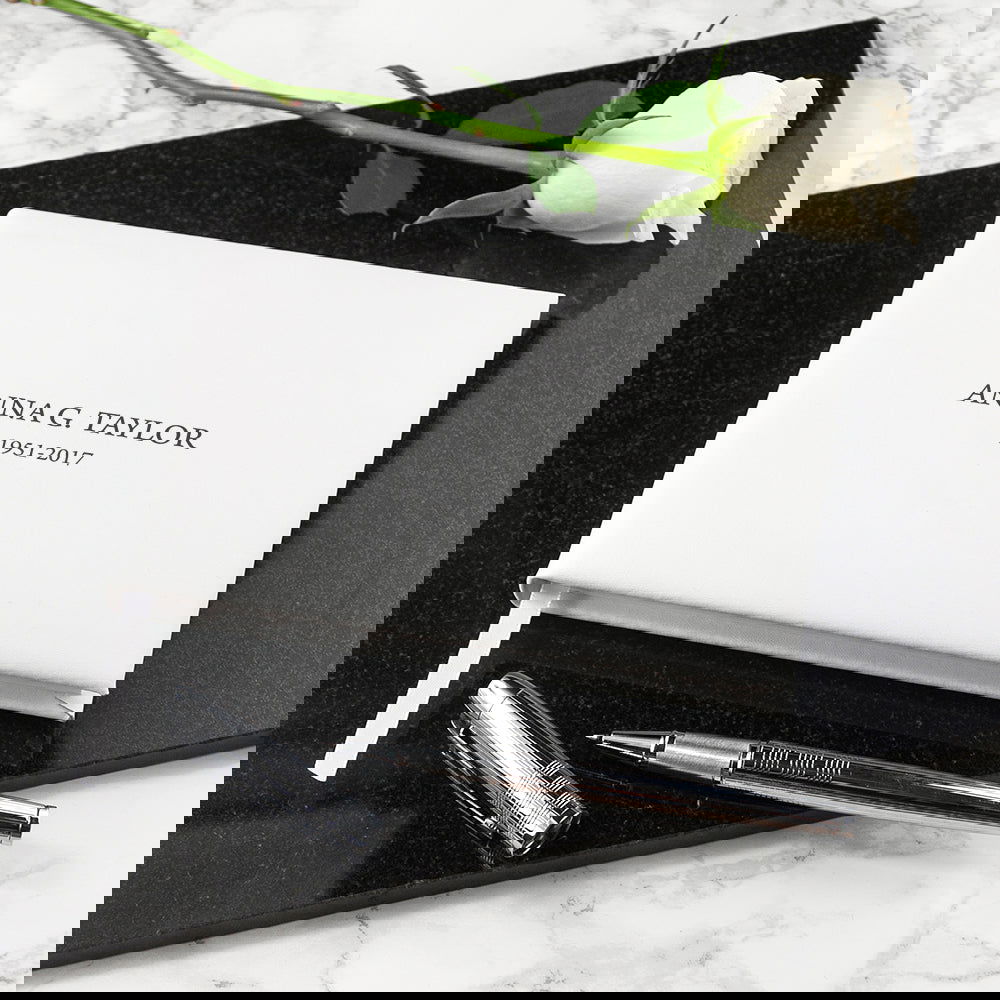 Engraved White Leather Memoriam Book - Lovesakes