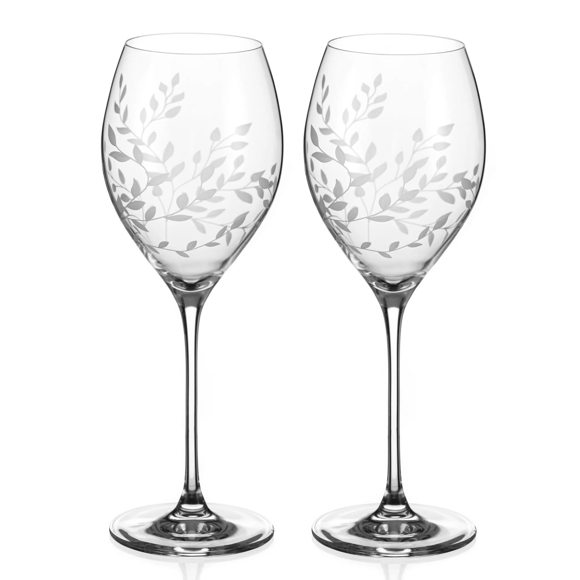 Two wine glasses with leaf pattern  custom engraved