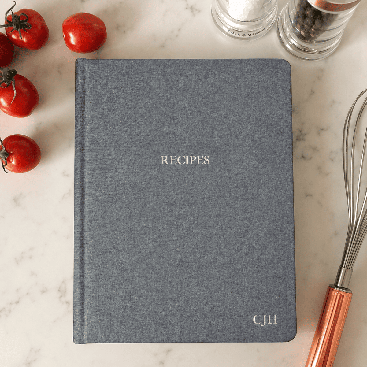 Grey-Personalized Recipe Journal in Buckram Fabric