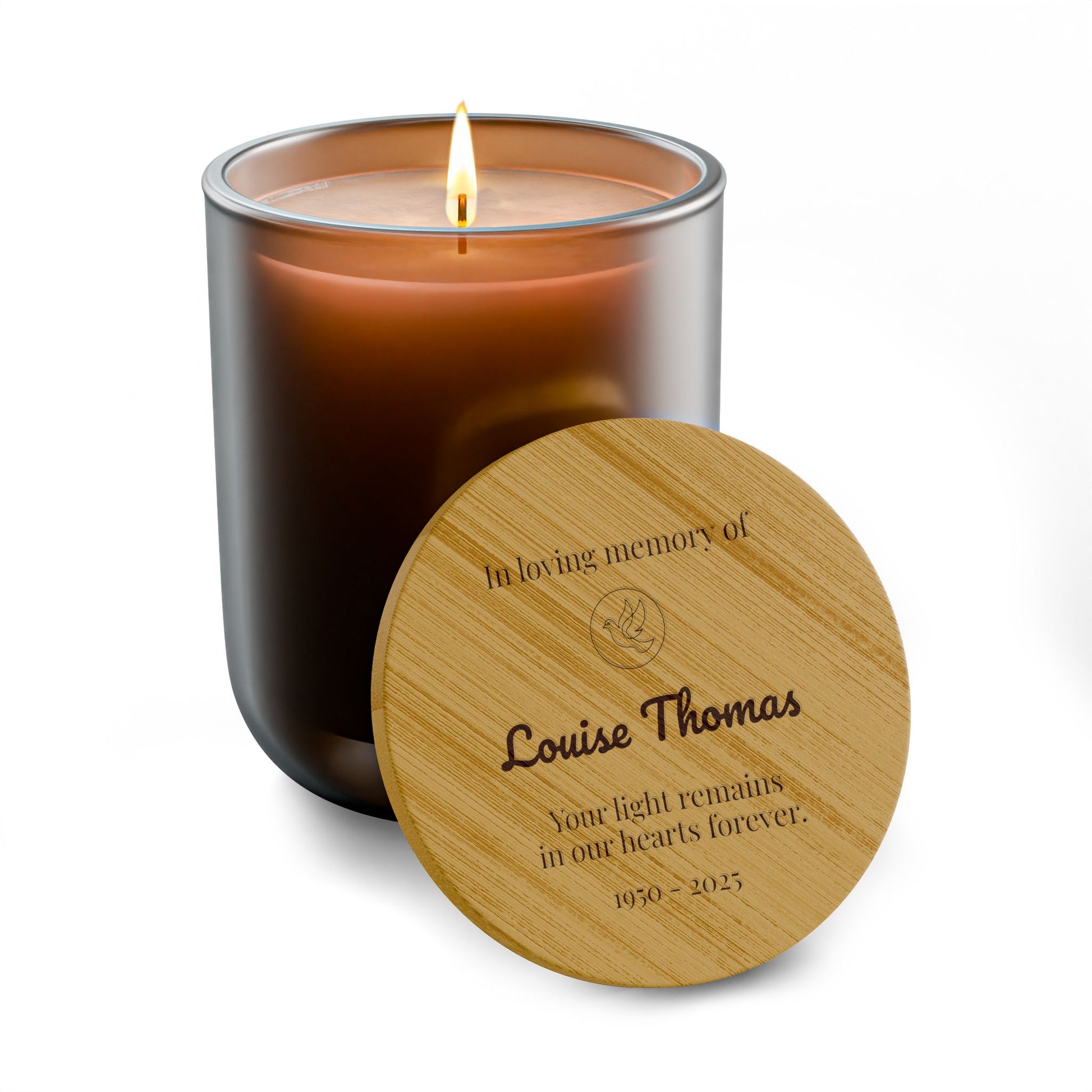 Candle with wooden lid engraved with a message in memory of name-personalized