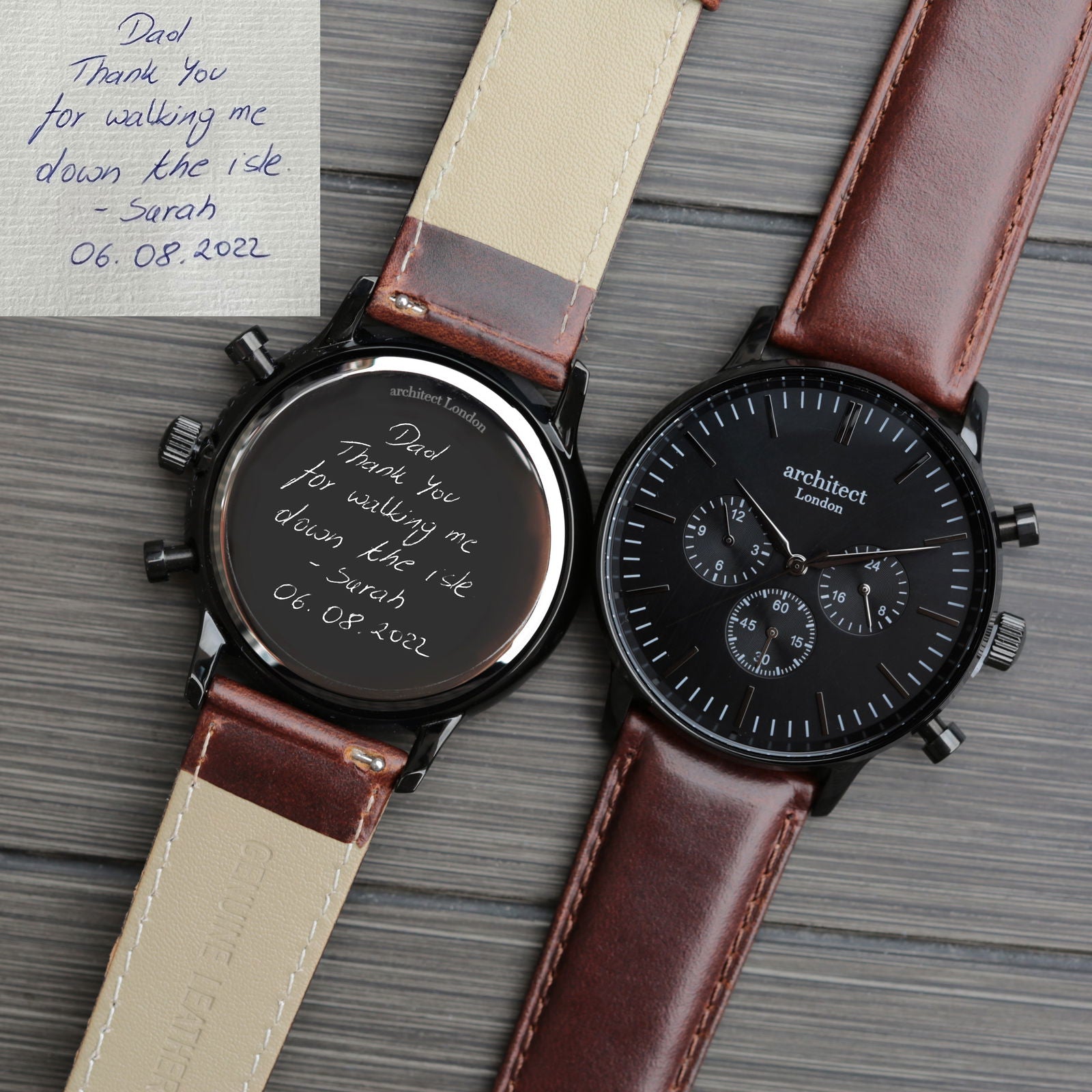 Handwriting Engraved Watch for Men – Black Dial Walnut Leather