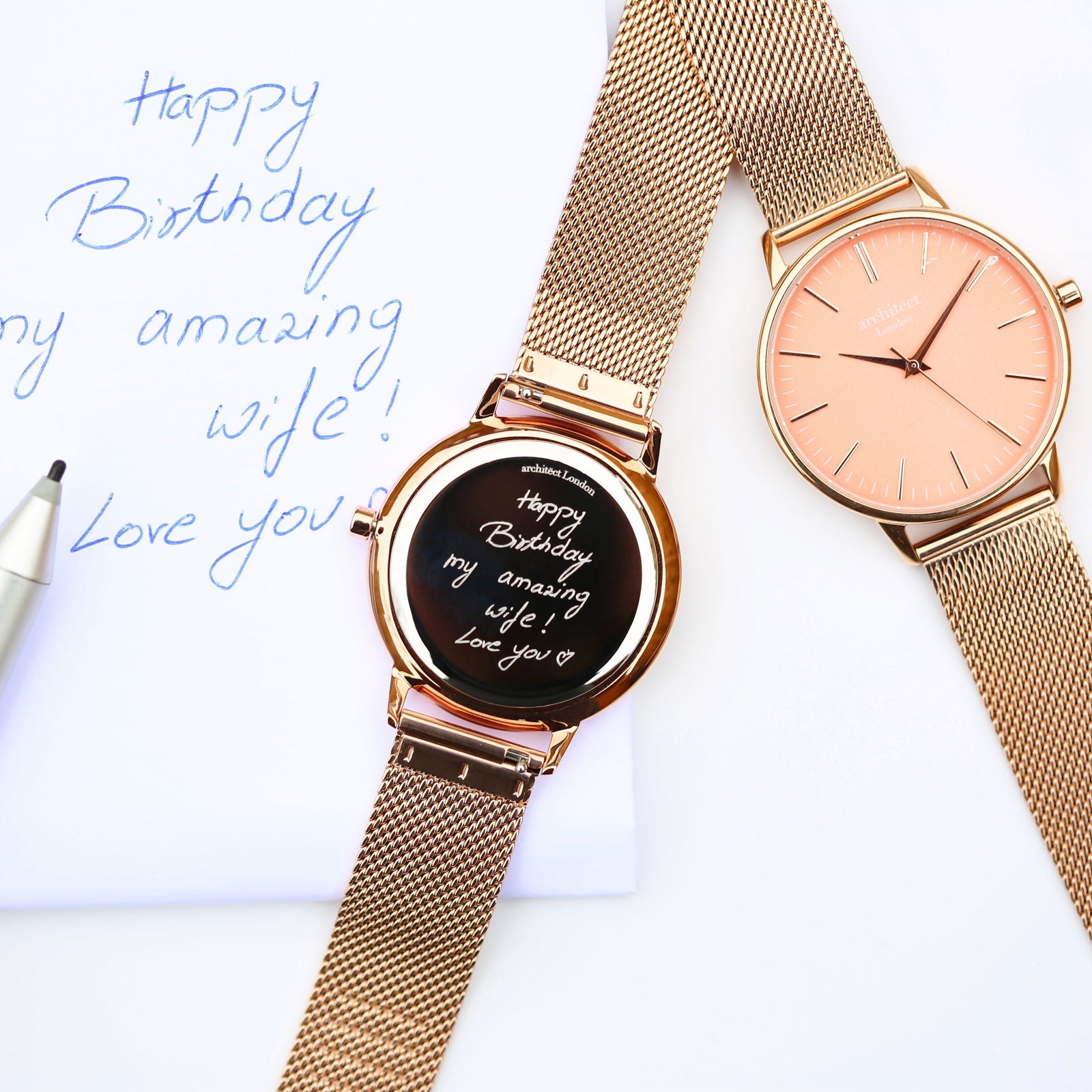 Handwriting Engraved Watch In Rose Gold Strap - Lovesakes