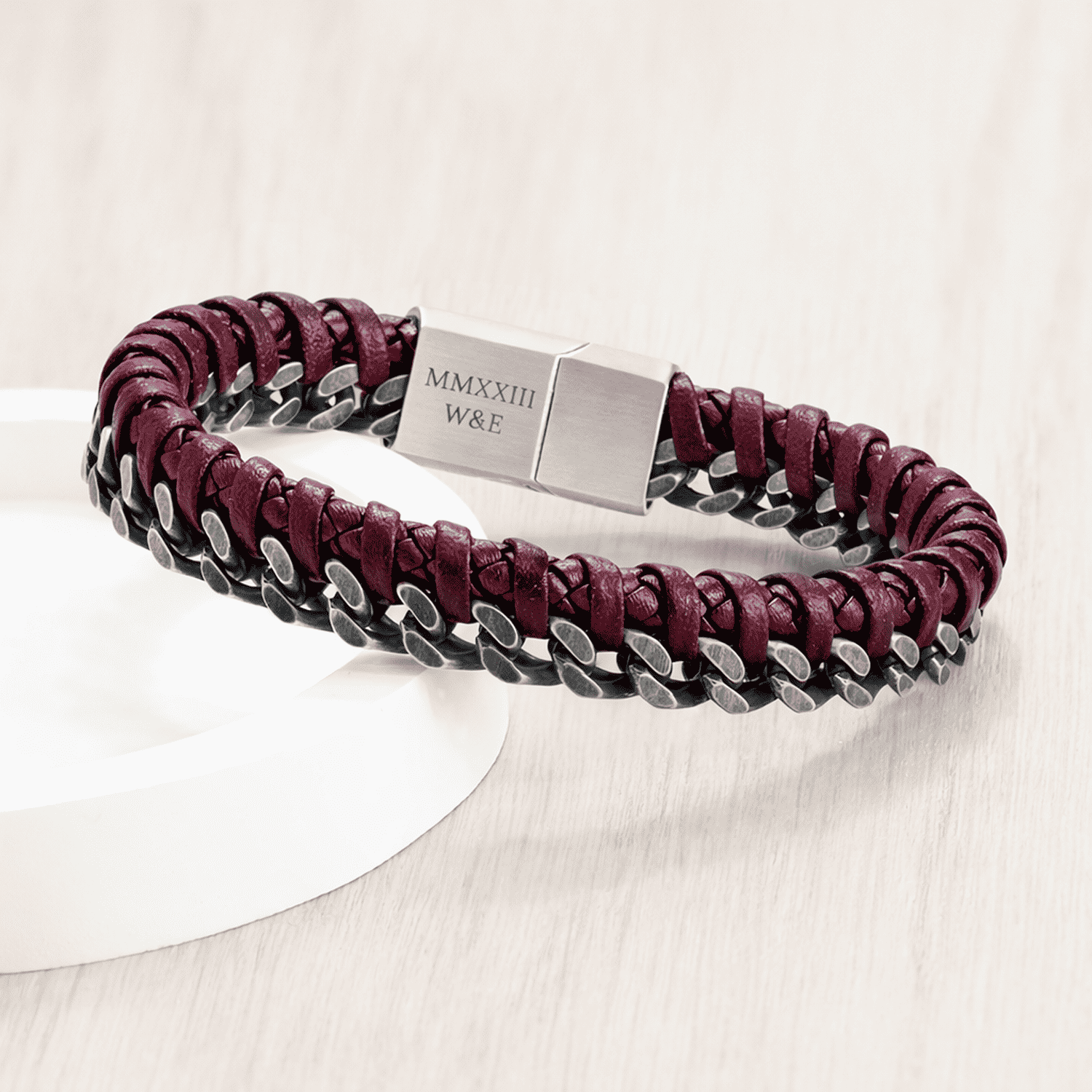 Burgundy leather bracelet with silver chain -Helix-Mens-Personalized-Leather-Curb-Chain-Bracelet-Maroon-Custom-Engraved