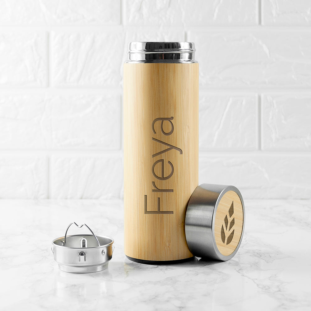 Personalized Bamboo Thermos Flask with Tea Strainer 360ml - Lovesakes