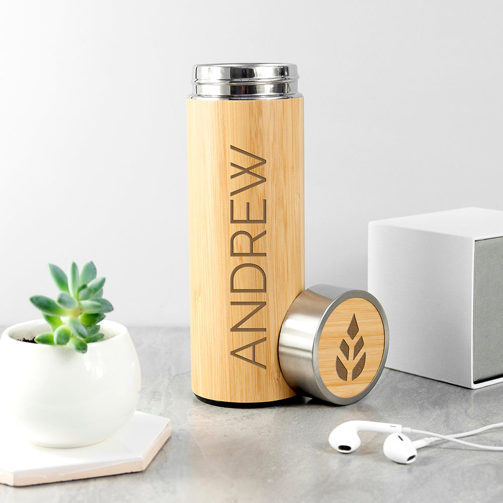 Personalized Bamboo Thermos Flask with Tea Strainer 360ml - Lovesakes