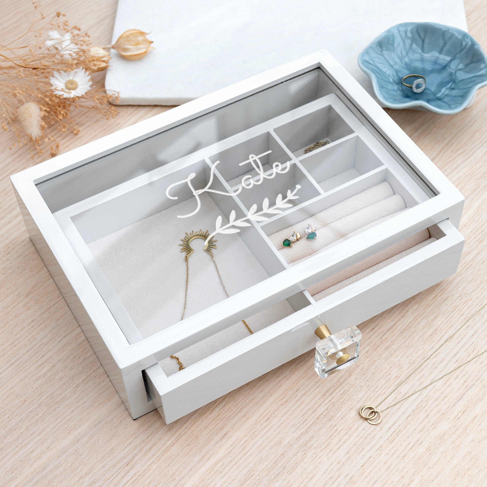 Ladies Custom Name Jewelry Box with Glass Lid & Velvet Drawer