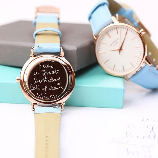 Ladies Handwriting Personalized Watch in Light Blue