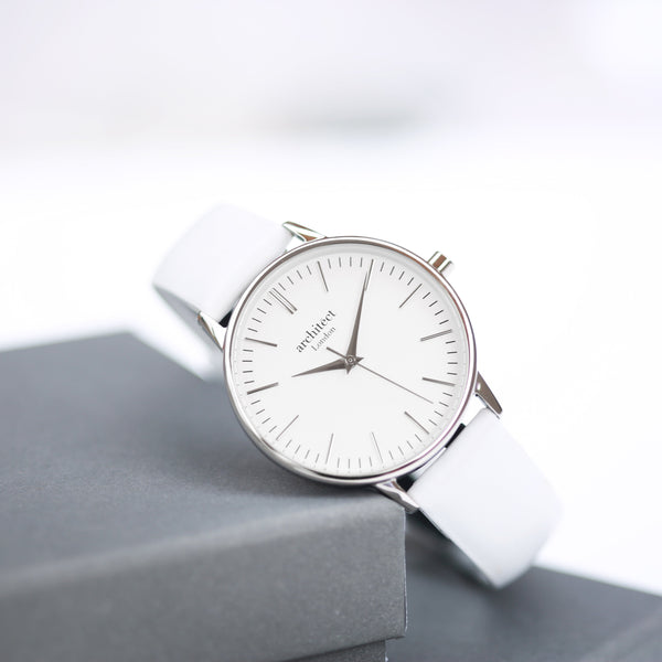 Ladies Minimalist Engraved Watch -  Silver Bezel + White Strap