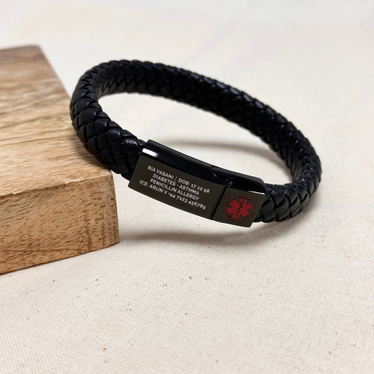 Personalized Men's Leather Medical Bracelet