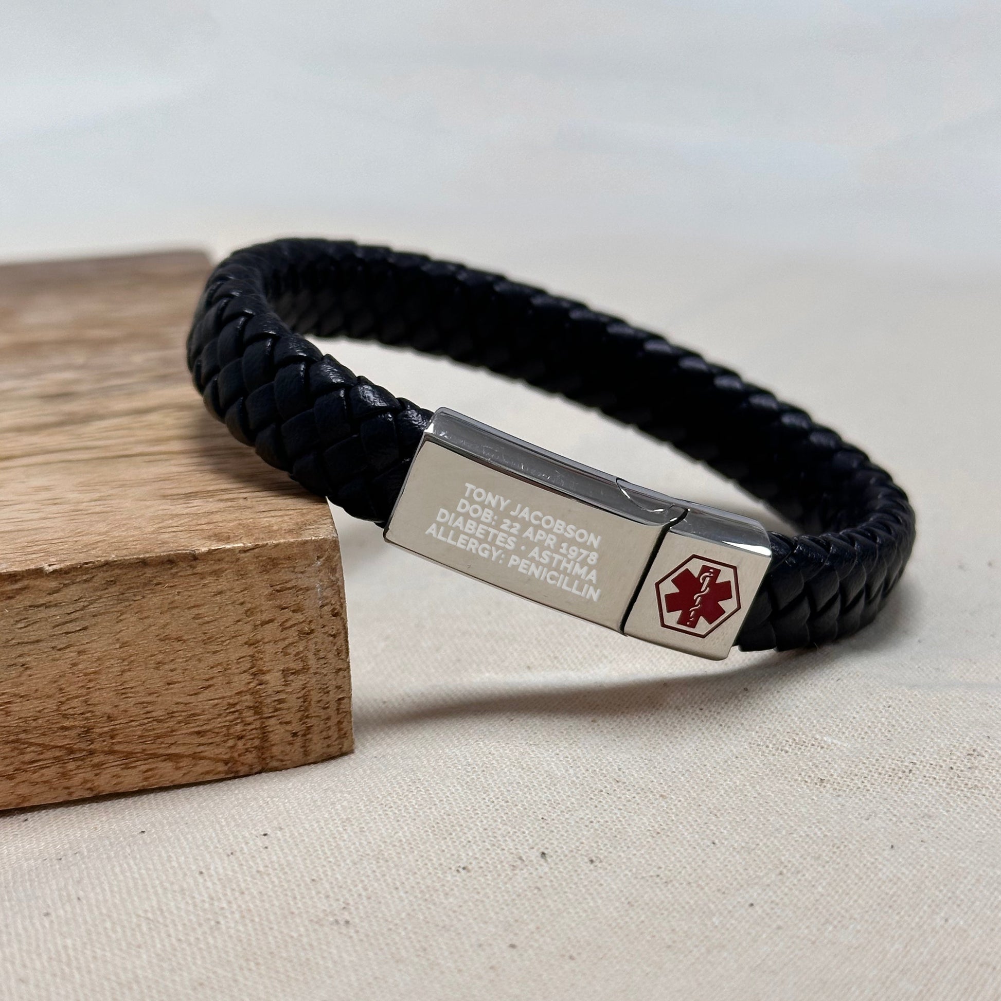 Personalized Men's Leather Medical Bracelet