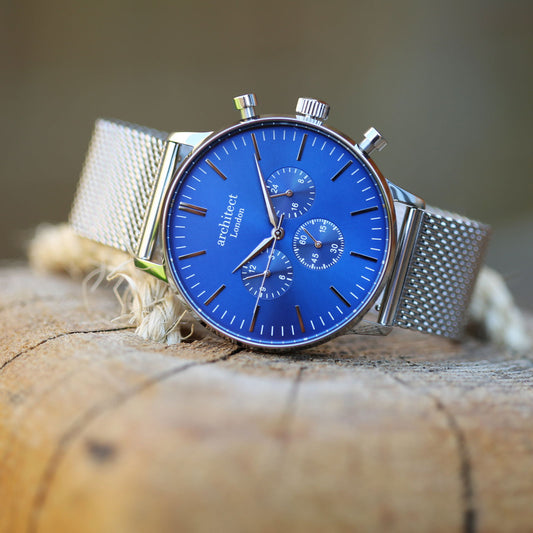 Men's-Engraved Watch In Blue Face Silver - Men's Architect Engraved Watch In Blue Face Silver - Meridian Chronograph – Engraved Watch for Men-Sunray-Blue-Dial