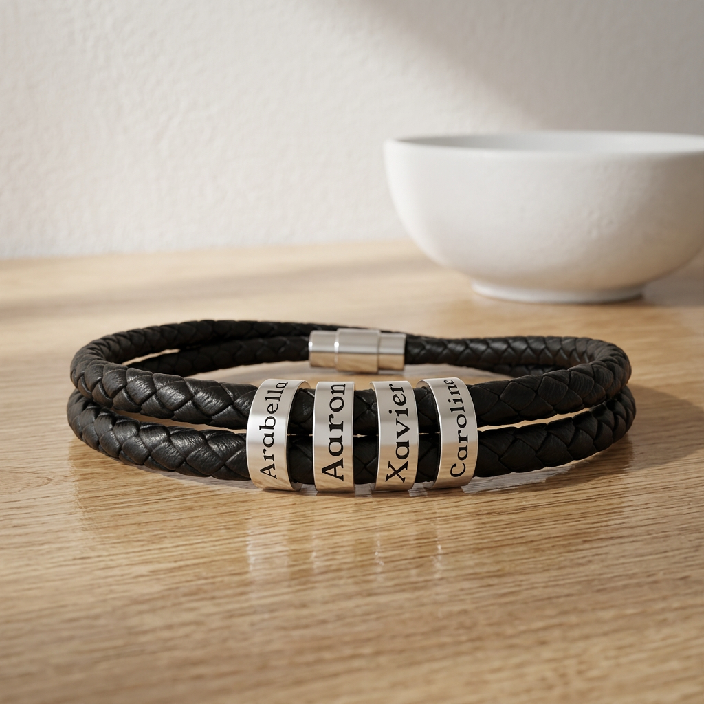 Black braided leather bracelet with name charms on a wooden surface