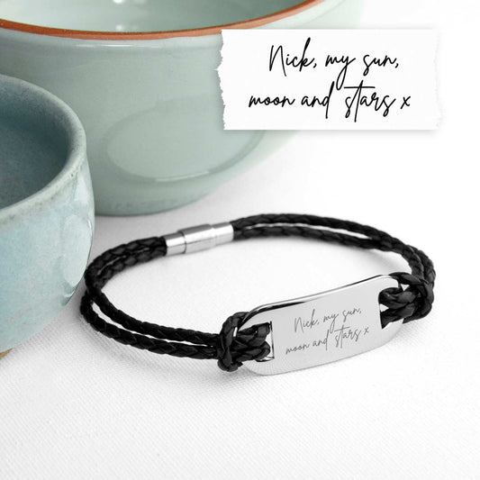 Men's Custom Handwriting Engraved Leather ID Plate-Braided Bracelet-in-Black