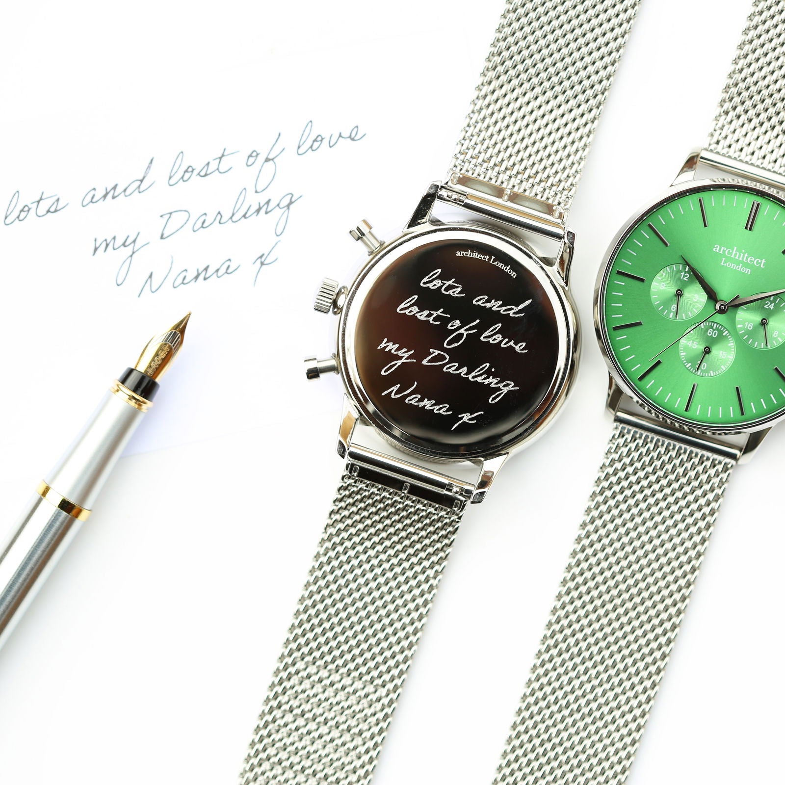 Men's Handwriting Engraved Watch - Architect Motivator Green Face Silver - Lovesakes