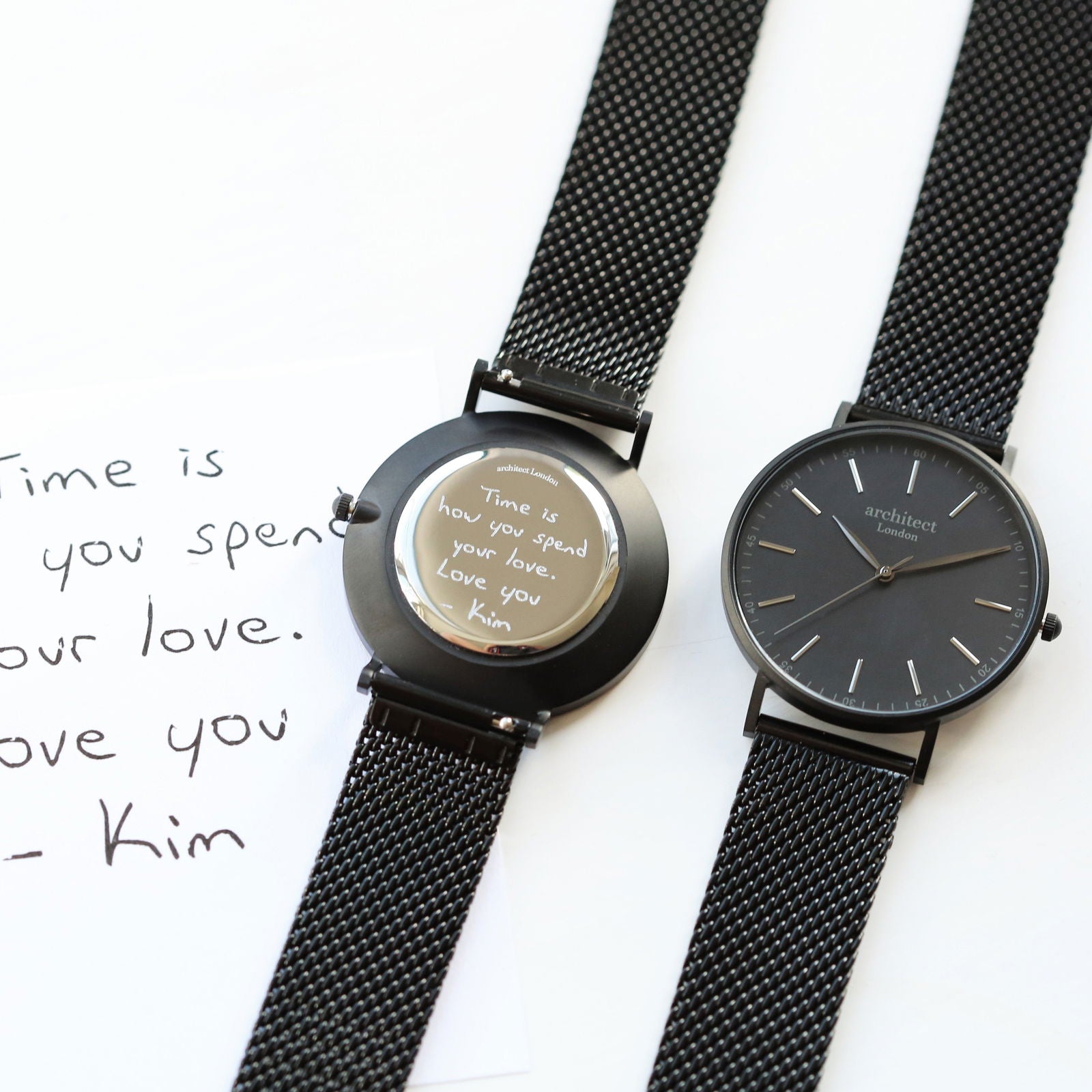 Men's Handwriting Engraved Watch - Minimalist Watch + Pitch Black Mesh - Lovesakes