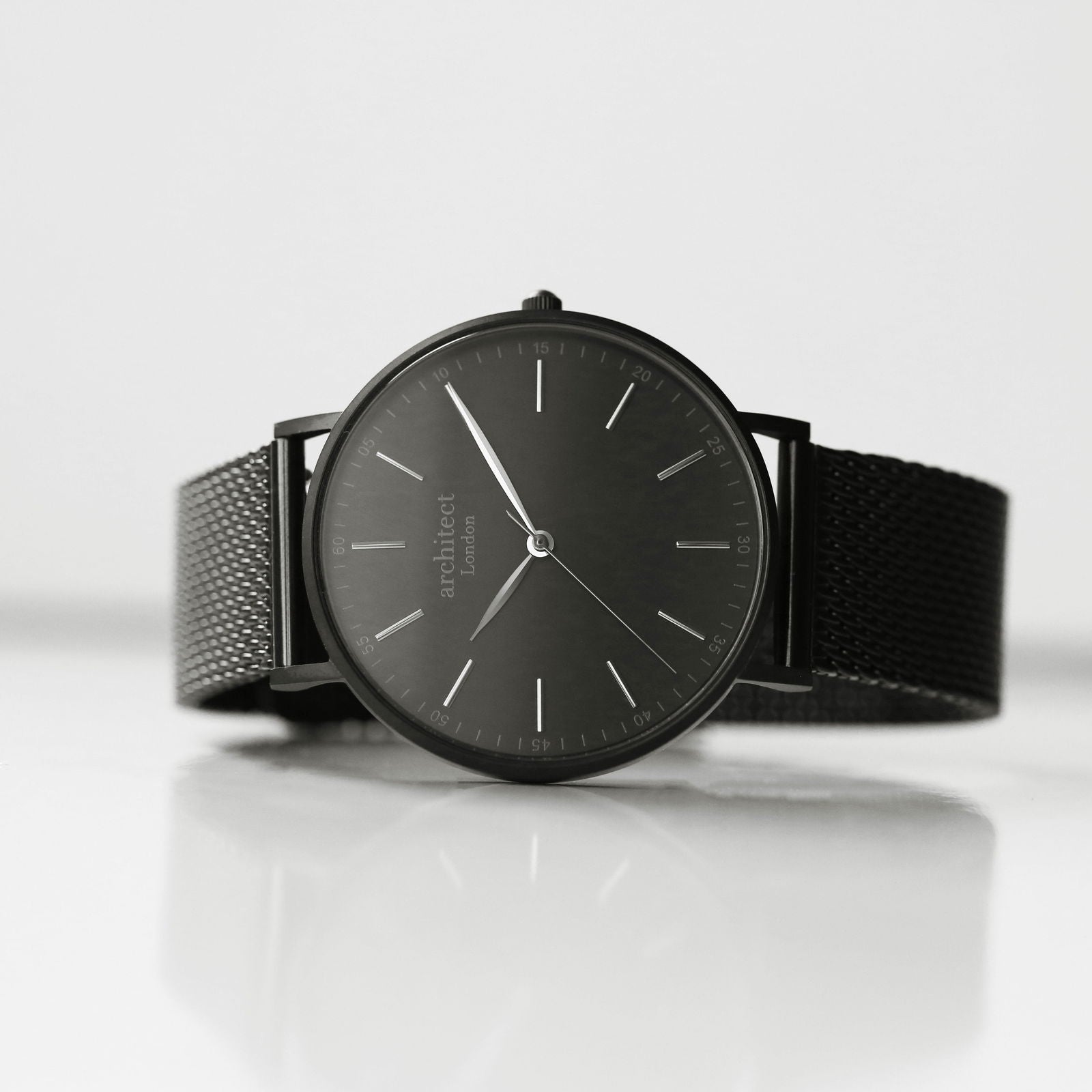 Men's Handwriting Engraved Watch - Minimalist Watch + Pitch Black Mesh - Lovesakes