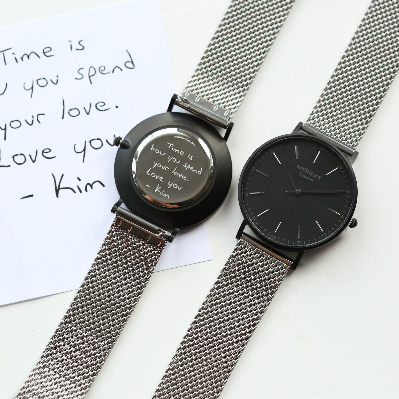 Men's Handwriting Engraved Watch - Minimalist Watch + Steel Silver Mesh - Lovesakes