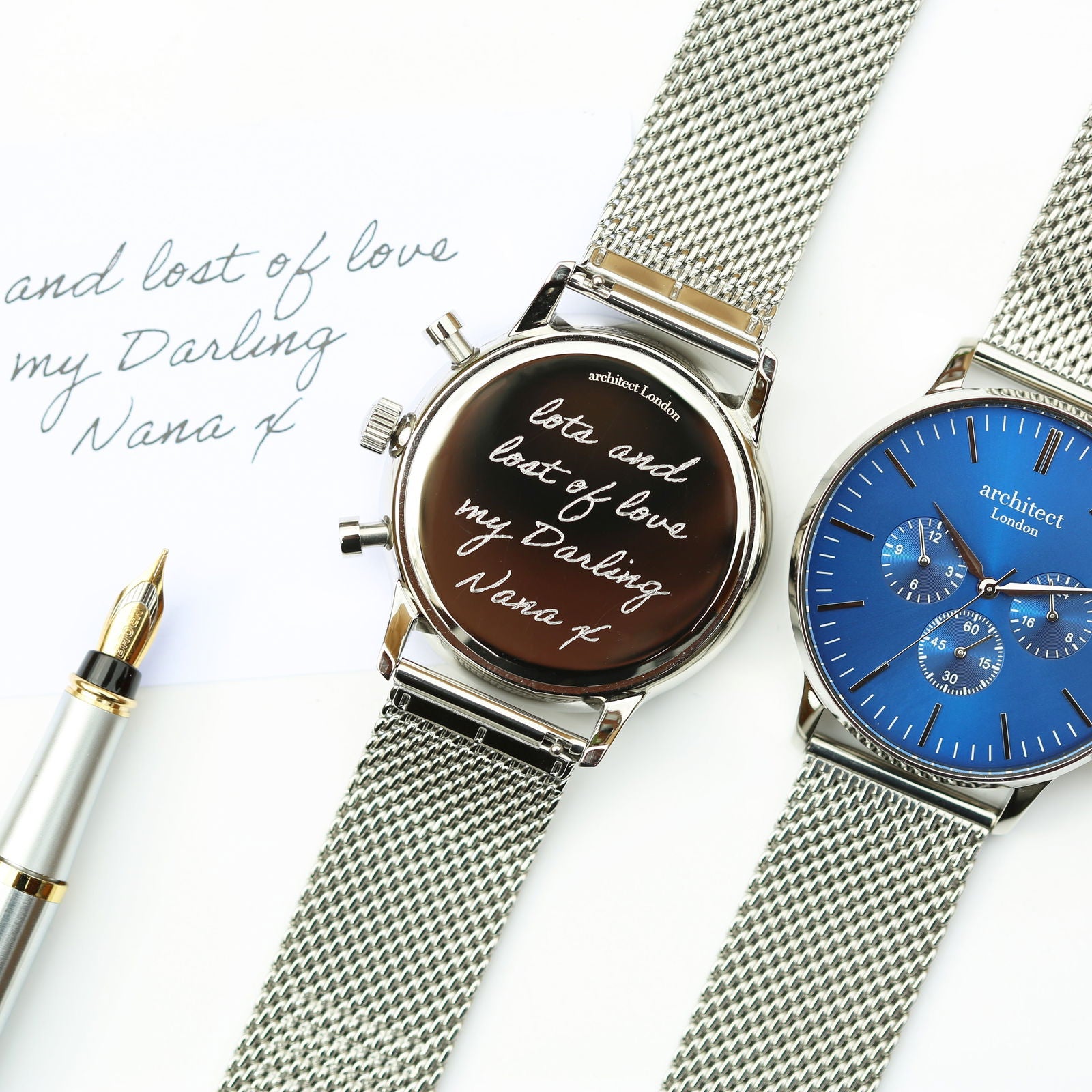 Men's Handwriting Engraved Watch In Blue Face Silver - Lovesakes
