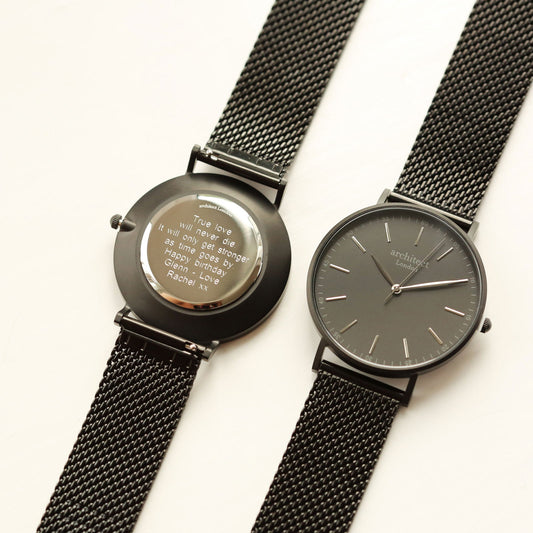Men's Minimalist Personalized Watch In Pitch Black Mesh