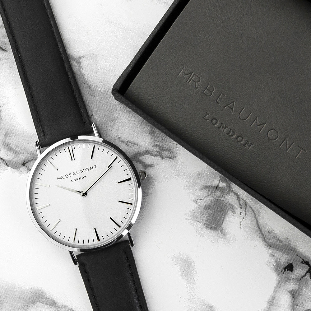 Mr. Beaumont Men's Handwriting Engraved Watch in Black Leather