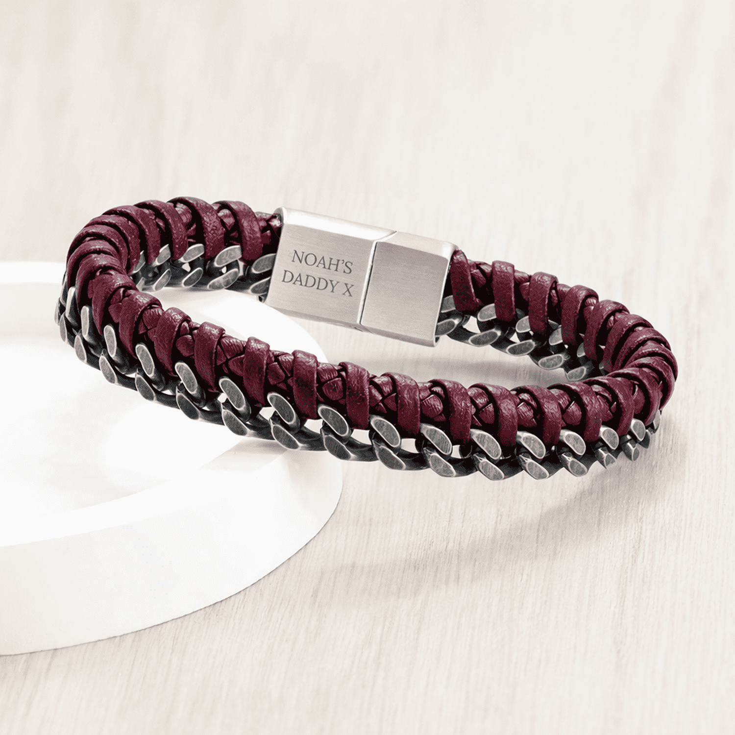 Burgundy braided leather bracelet with engraved-silver clasp