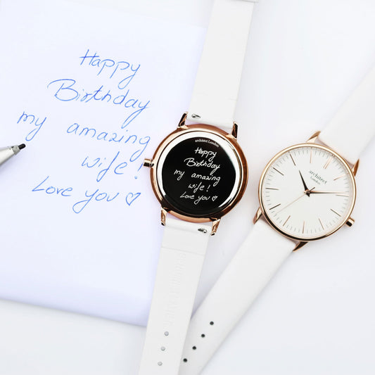 Minimalist Ladies Watch – White Strap | Handwriting Engraved
