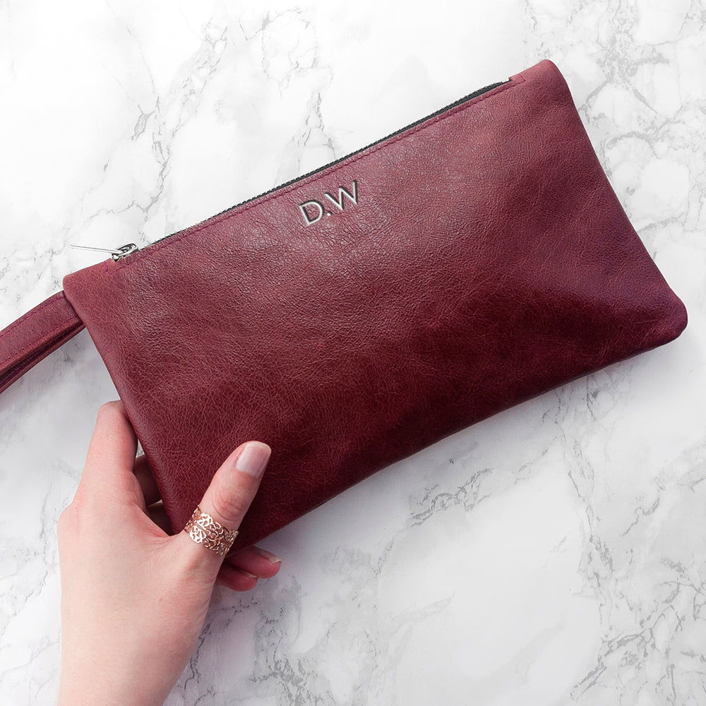 Monogrammed Burgundy Leather Clutch Bag - Lovesakes